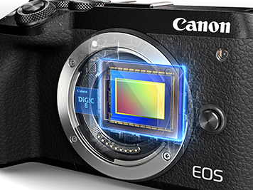 Front angle view of the Canon EOS M6 Mark II, with a clipart of the sensor in the center   